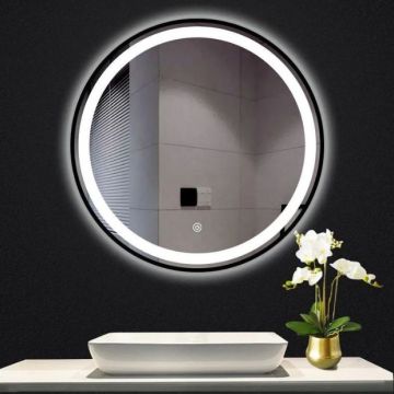 LED огледало за баня кръгло с нагревател Ф60 и Ф80 черна рамка