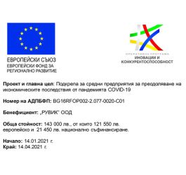 Фирма Рувик е одобрена от Европейския фонд за регионално развитие чрез Оперативна програма „Иновации и конкурентоспособност“ 2014-2020 за справяне с последиците от пандемията COVID-19